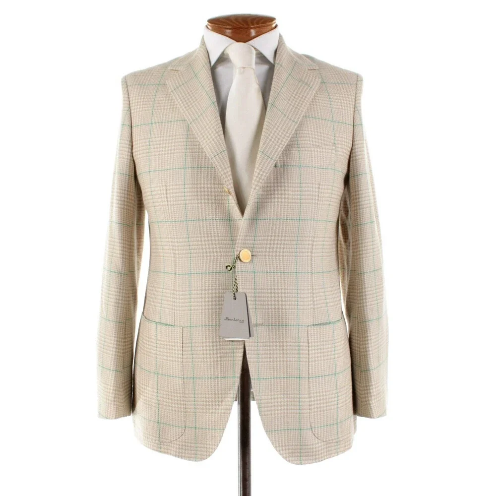 Sartorio Kiton NWT Wool/Linen Sport Coat Size 50R 40R US Beige/White/Green Plaid
